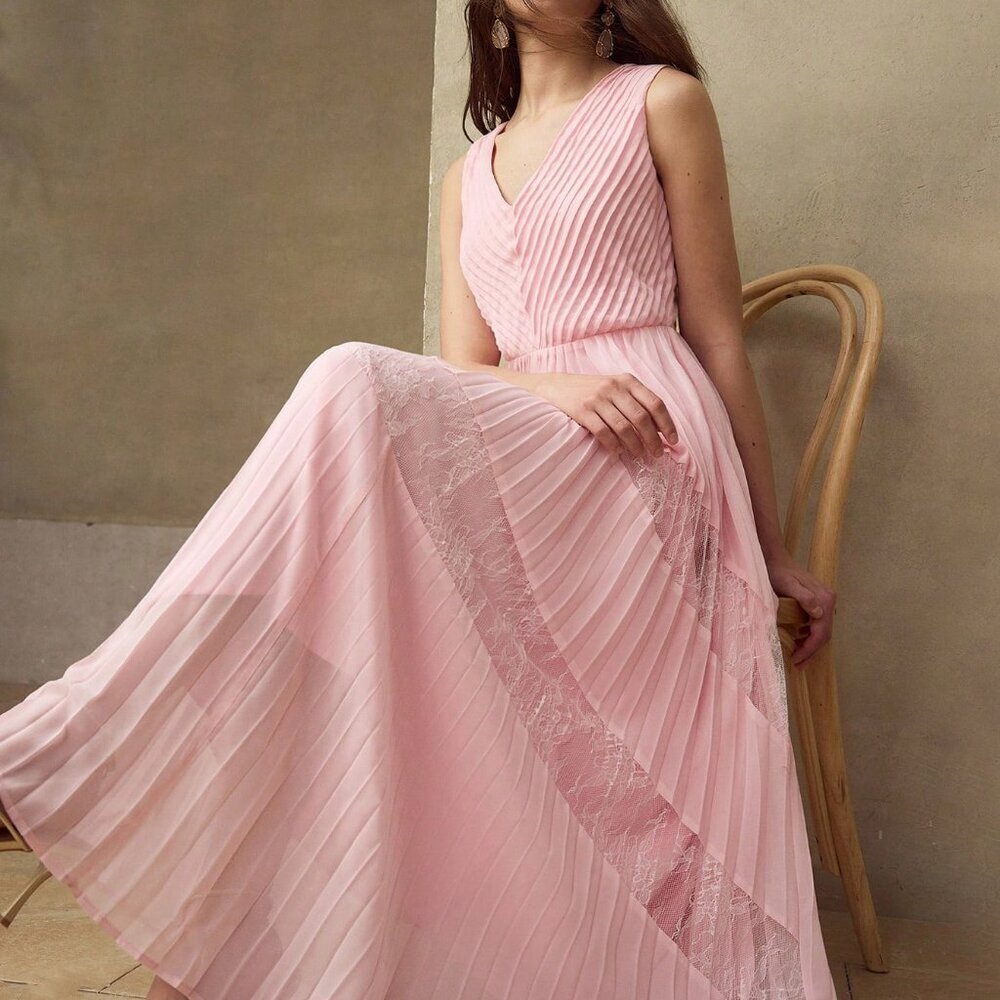 Baby Pink Elegant Women's Pleated Contrast Lace Dress